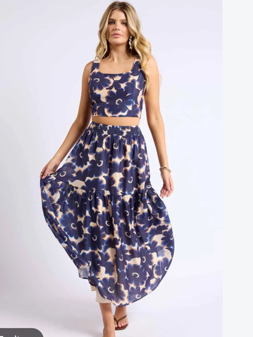 SAGE The Label Linen Blend Bold Floral Maxi Skirt and Crop Tank Top. Vacation. M